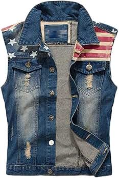 Idopy Men`s American Flag Retro Ripped Denim Jeans Vest